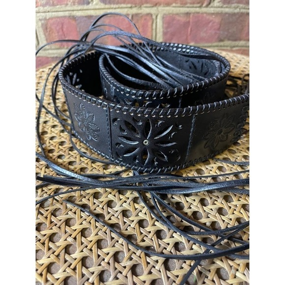 Fossil Braided Fringe Tooled Cut Out Leather Belt Medium - Picture 1 of 6